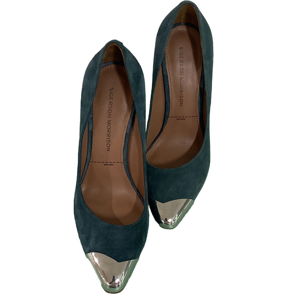 $495 SIGERSON MORRISON Womens Sz 7B green suede silver cap toe pumps shoes
